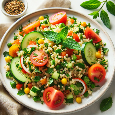 DALL·E 2024 12 11 12.17.55 A colorful Moroccan bulgur salad presented on a white plate with a minimalist white background. The salad features bulgur mixed with fresh vegetables