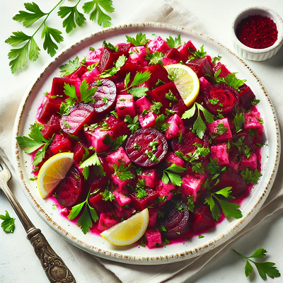 A colorful beetroot salad with parsley, lemon wedges, and cubed cheese on a white plate.