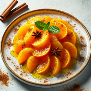 A plate of sliced oranges garnished with cinnamon, star anise, mint leaves, and syrup.