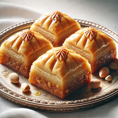 DALL·E 2024 12 12 12.13.37 A high quality realistic image of baklava beautifully arranged on a decorative plate. The baklava has a golden flaky texture with visible layers of