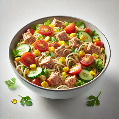 A bowl of tuna pasta salad with cherry tomatoes, cucumber slices, corn, parsley, and noodles.