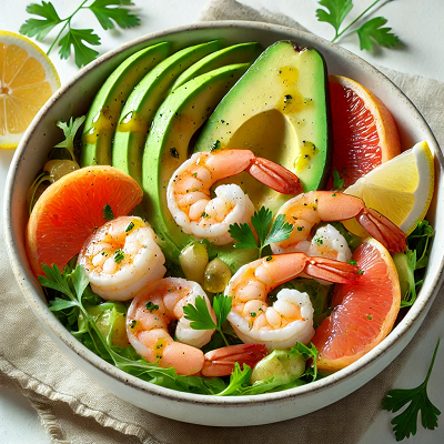 A fresh shrimp and avocado salad with grapefruit, lemon wedges, and parsley in a bowl.
