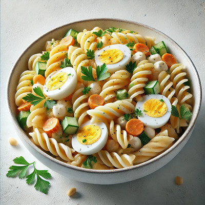 DALL·E 2024 12 12 17.04.50 A realistic image of pasta salad with egg sauce served in a white bowl. The salad includes spiral pasta mixed with a creamy egg based dressing chopp