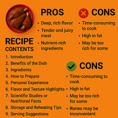 cooked beef feet recipe-A hidden gem of traditional cuisine 4 Infographic of slow cooked cow feet recipe with pros, cons, and a full recipe contents list on an orange background.