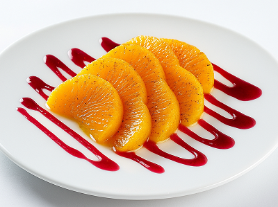Elegant presentation of orange cuts in cinnamon syrup with a drizzle of berry sauce, creating a light and rich citrus dessert.