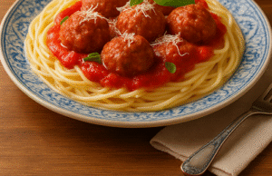 Spaghetti and meatballs with tomato sauce served on a blue patterned plate, placed on a wooden table with a fork and napkin.