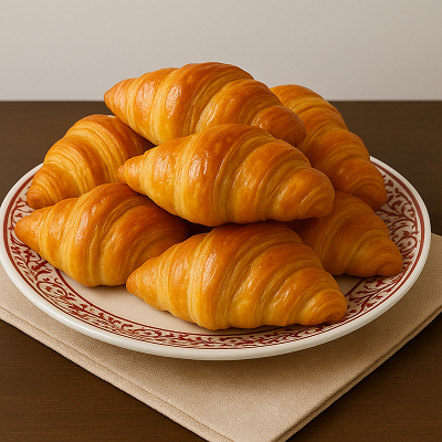 A plate of freshly baked golden croissants stacked on a decorative white plate with a red pattern.