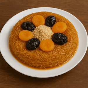 Kunafa with cream served hot in a traditional copper tray.