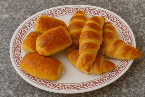 A decorative plate filled with golden chocolate croissants and mini pastries, freshly baked with a glossy finish.