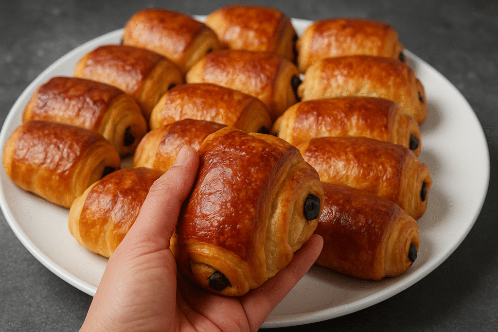 Chocolate Croissants Recipe: How to Make Perfectly Flaky and Buttery Pastries at Home 3 A hand holding a freshly baked chocolate croissant from a plate full of golden, flaky pastries.