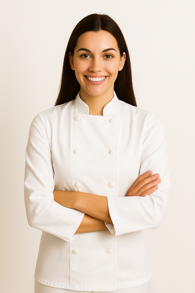 8 Mila, the face of Mila’s natural recipes, confidently smiling in her chef uniform.