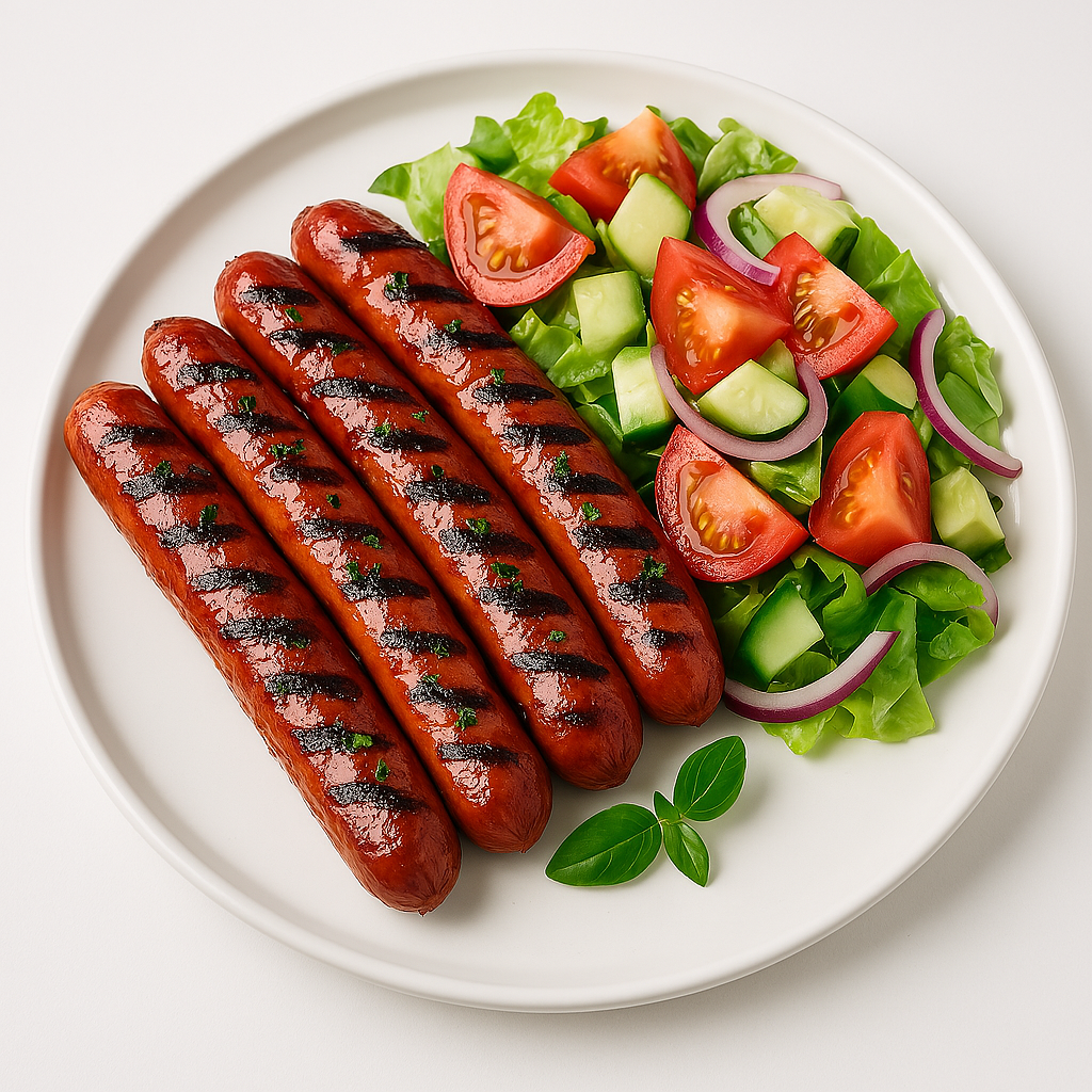 A plate of six grilled spicy sausages with char marks, garnished with paprika and fresh herbs on a white ceramic plate.