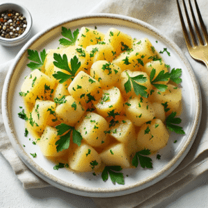 A round white plate of boiled potato cubes garnished with chopped parsley and black pepper, placed on a beige napkin.