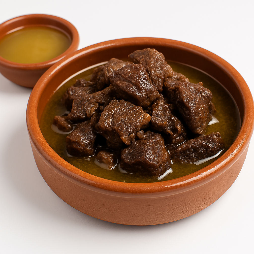 A traditional clay bowl filled with tender slow-cooked meat in a rich brown sauce, served with a small side bowl of golden broth or fat.