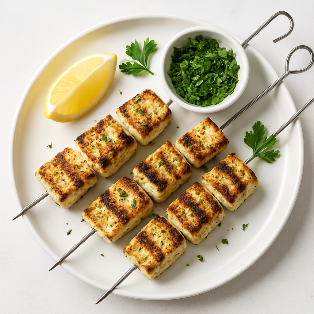 Grilled halloumi cheese skewers with char marks, served with fresh parsley, a lemon wedge, and chopped greens on a white plate.