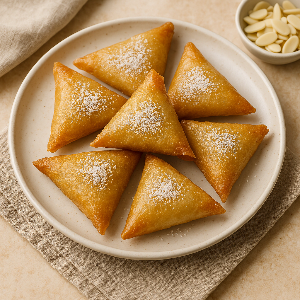 Golden Moroccan almond briouats dusted with powdered sugar, served on a white plate.