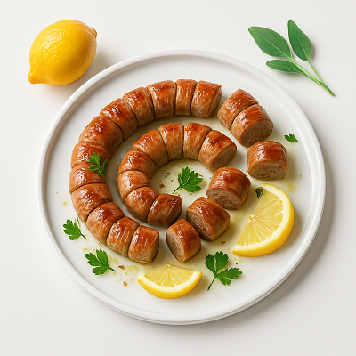 A coiled stuffed lamb intestine sausage garnished with fresh herbs and lemon wedges, served on a white plate with olive oil.