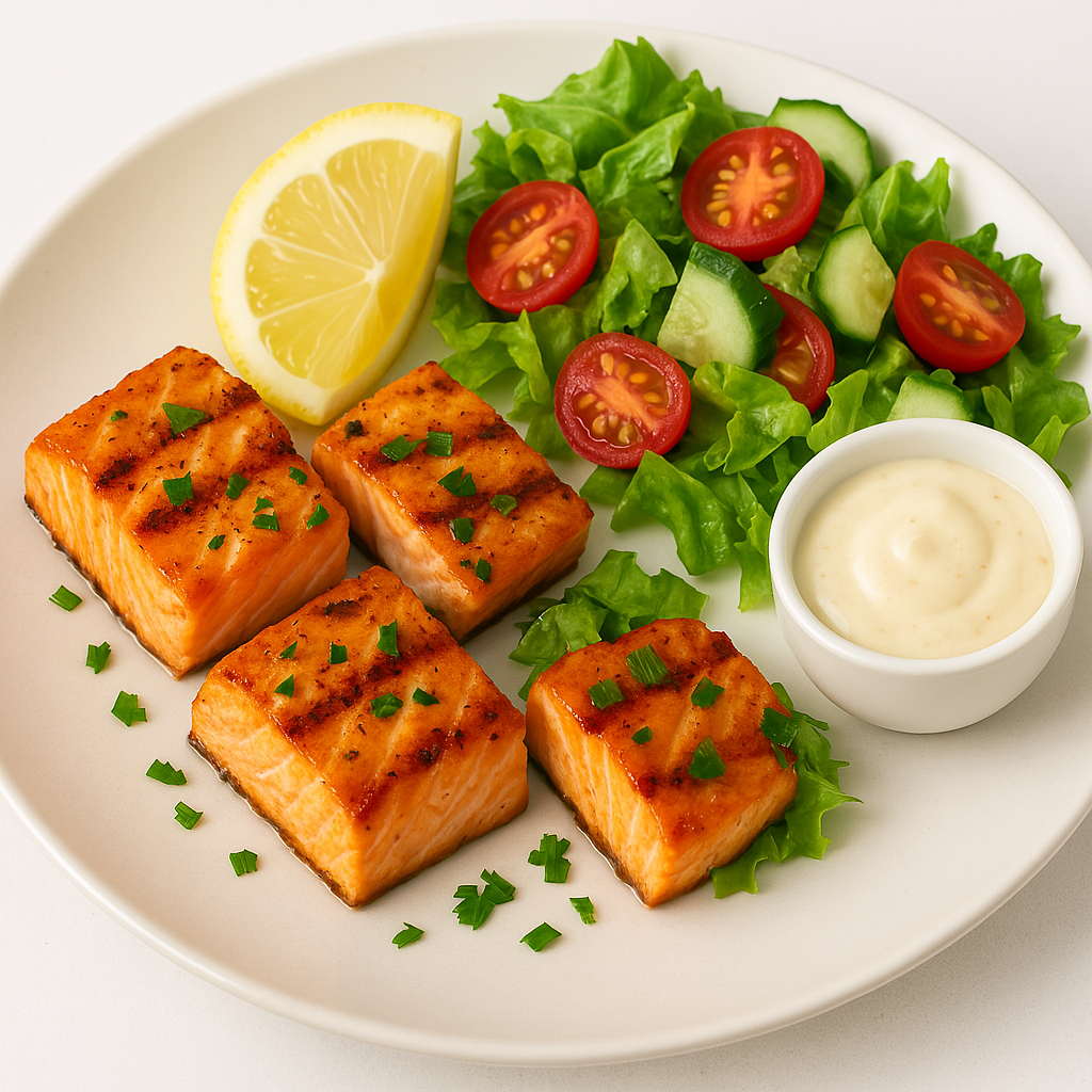A plate of grilled salmon cubes garnished with herbs, served with fresh green salad, cherry tomatoes, cucumber slices, a lemon wedge, and a side of creamy dipping sauce.