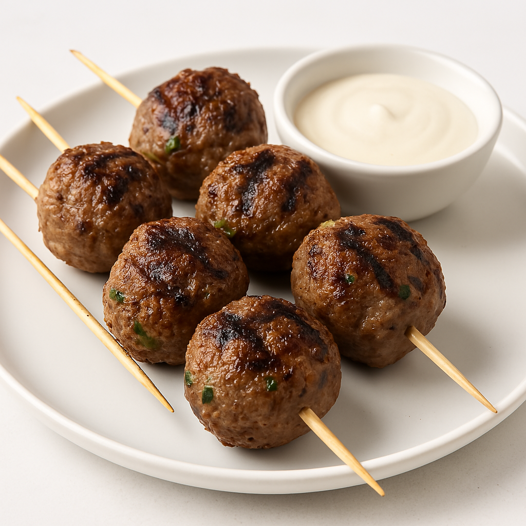 Grilled meatballs on wooden skewers served with a side of creamy white dipping sauce on a white plate.