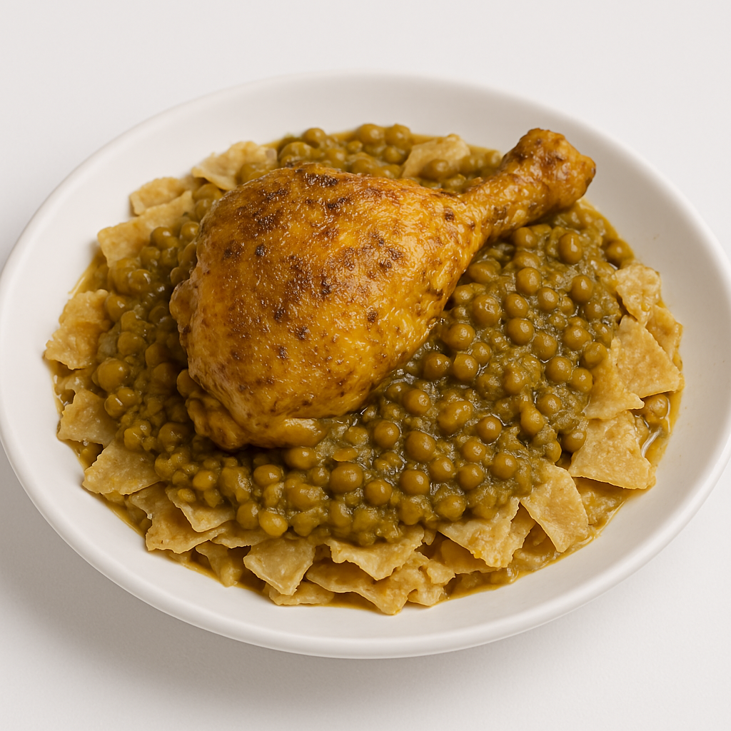 Moroccan Rfissa Recipe presented with whole chicken, lentils, apricots, walnuts, and quail eggs on a traditional blue-and-yellow Moroccan plate.
