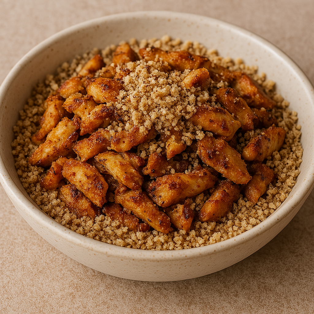 A traditional Moroccan dish of shredded spiced chicken layered over a bed of crumbled flatbread or couscous in a ceramic bowl.