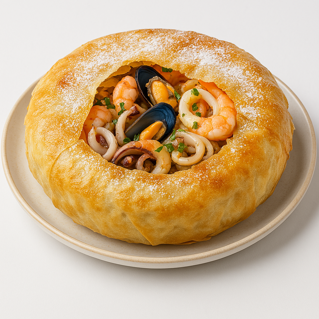 A round seafood pastilla with a golden, flaky crust, filled with shrimp, mussels, calamari, and garnished with herbs.