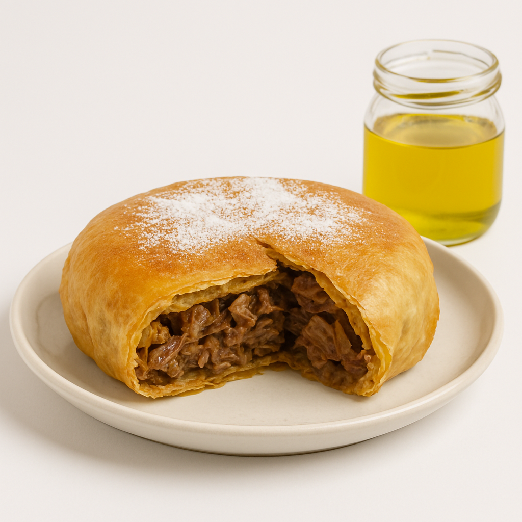 A Moroccan meat pastilla with a golden, flaky crust, sliced open to reveal a savory shredded meat filling, topped with powdered sugar and served with a jar of olive oil.