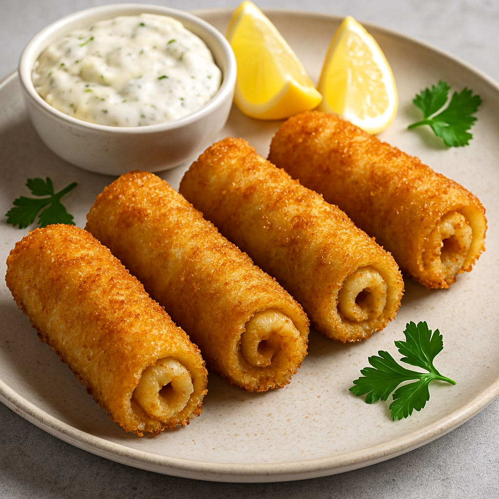 Four golden, crispy cheese rolls served on a plate with lemon wedges, parsley, and a bowl of creamy dipping sauce.