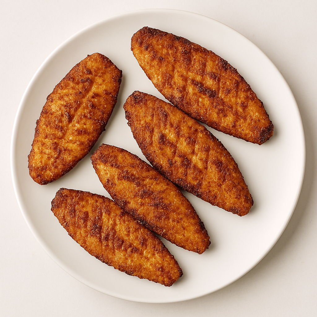 Five golden-brown oval-shaped fried cakes arranged neatly on a white plate.