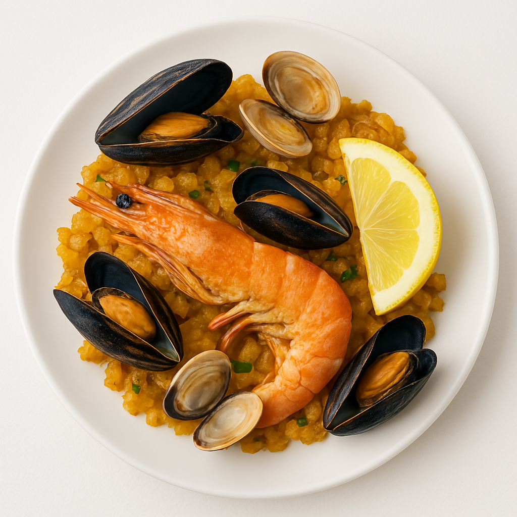 A seafood dish featuring shrimp, mussels, and clams served over saffron rice with a lemon wedge.