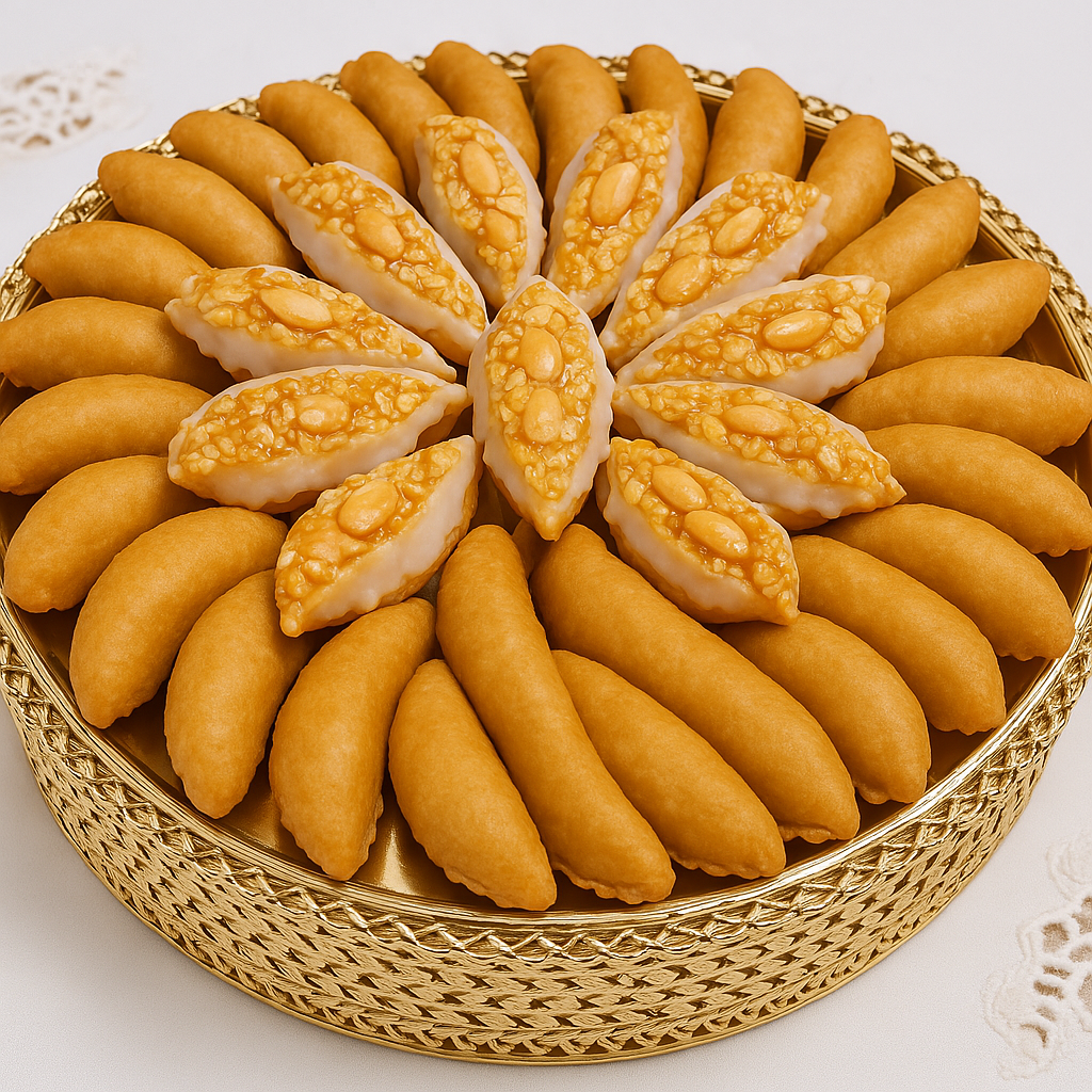 Traditional Moroccan sweets arranged in a decorative golden tray.