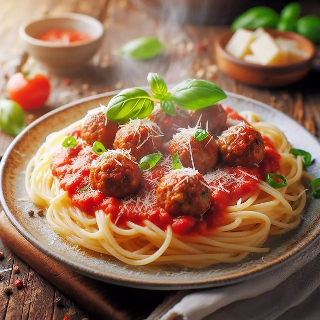 A steaming plate of spaghetti topped with meatballs, tomato sauce, grated cheese, and fresh basil leaves.