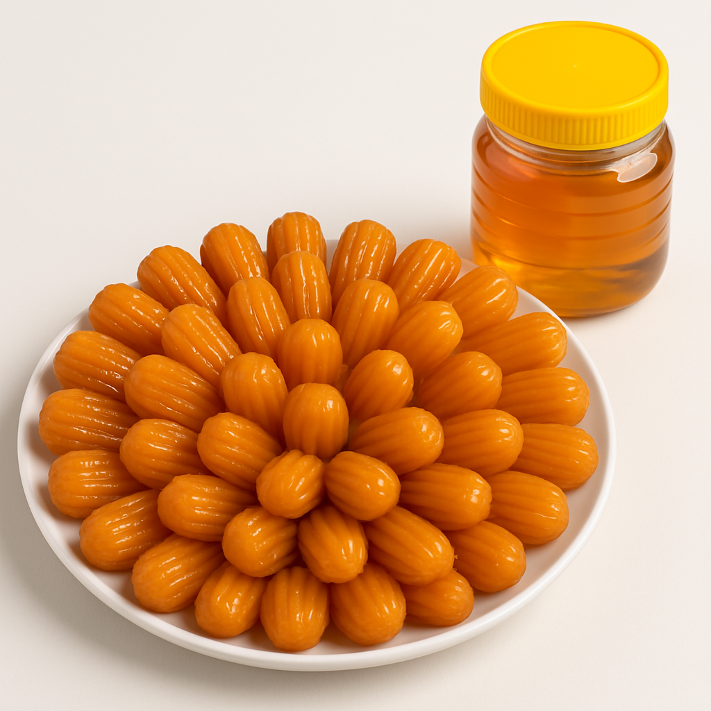 Plate of traditional honey-drenched churros-style sweets served with a jar of honey.
