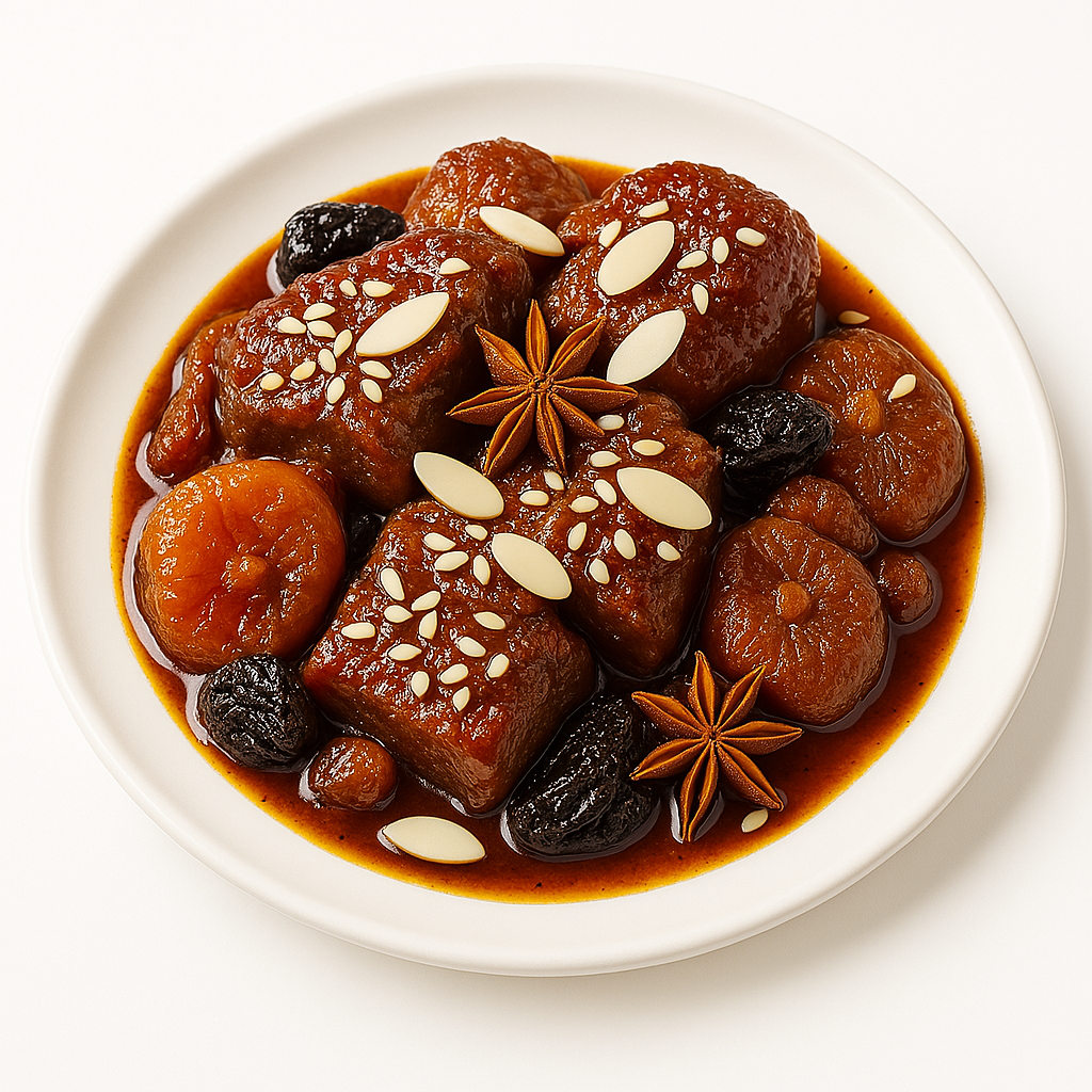A rich Moroccan dish of tender meat glazed in a sweet sauce with dried apricots, prunes, almonds, sesame seeds, and star anise on a white plate.