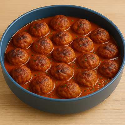 A large blue bowl filled with homemade meatballs in rich tomato sauce on a wooden surface.
