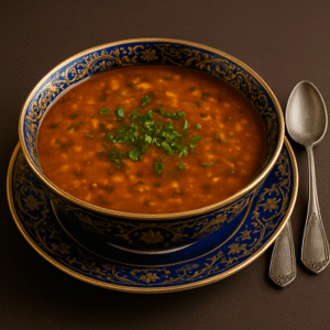 Warm chickpea and lentil dish served in a traditional Moroccan clay bowl.