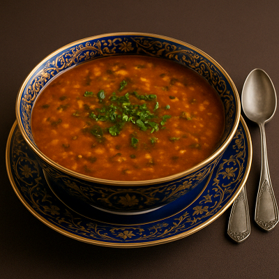 A luxurious bowl of Moroccan Harira soup garnished with herbs and served in an ornate royal blue dish.