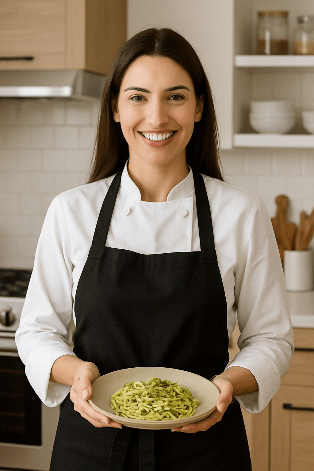 Flavors & Formulas by Mila – A smiling chef presenting a plate of green pasta in a modern kitchen