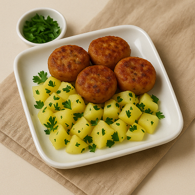 A small square plate of golden sardine patties served over herbed potato cubes, with a side of chopped