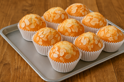 A tray of freshly baked Magdalenas topped with almond slices, beautifully arranged on a rustic wooden table — showcasing the traditional flavor of an authentic Magdalenas Recipe.