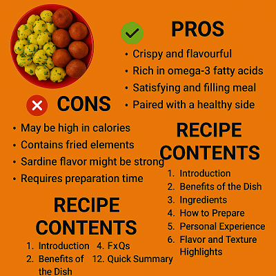Crispy Sardine Balls with Herbed Potatoes – A Perfect Light Meal 4 Infographic of sardine balls with potatoes showing pros, cons, and a detailed recipe content list on an orange background with a red plate.