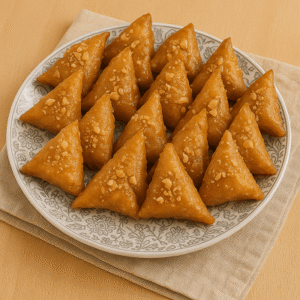 Golden nut parcels served on a decorative plate with honey glaze.