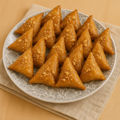 Moroccan almond briouats served on a decorative plate, topped with crushed almonds.