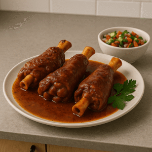 Braised cow trotters served with rich sauce on a white plate, placed on a kitchen counter with a side of vegetable salad.