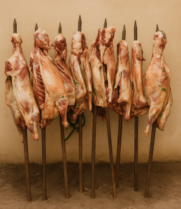 Whole lamb carcasses skewered and prepared for traditional roasting over an open fire — Whole Lamb Roast Recipe.
