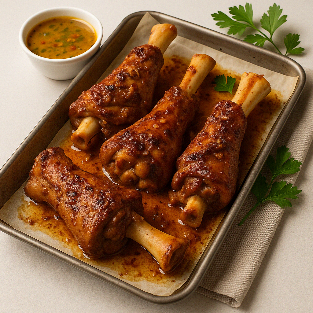 Oven-roasted beef trotters served in a baking tray with a side of spiced sauce and parsley garnish.