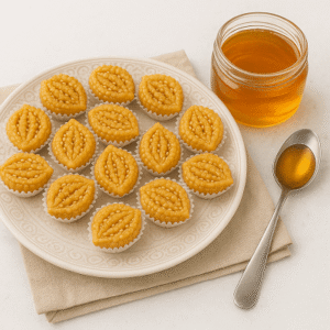 Crunchy sesame honey snack served on a rustic wooden tray