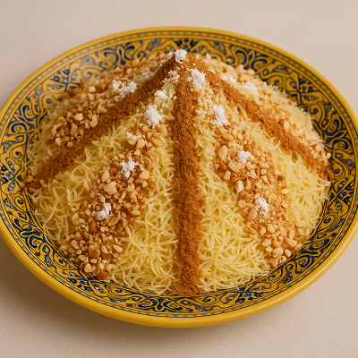 Sweet Seffa, a traditional Moroccan vermicelli dish, is beautifully served on a yellow decorative plate and topped with cinnamon, powdered sugar, and finely chopped almonds.