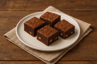 Four Moroccan walnut brownies neatly arranged on a white plate over a beige cloth and wooden table.