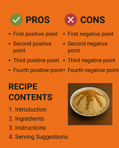 Rice and Nuts Recipe – Celebration Dish 4 Rice and Nuts Recipe infographic with pros, cons, and recipe table of contents on an orange background.